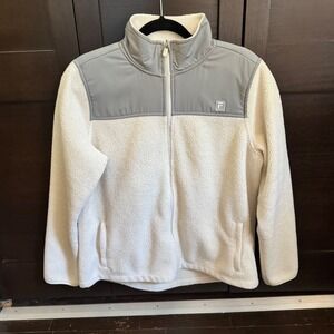Fila Sport Women Ivory Grey Sherpa Fleece Full Zip Jacket XL Good